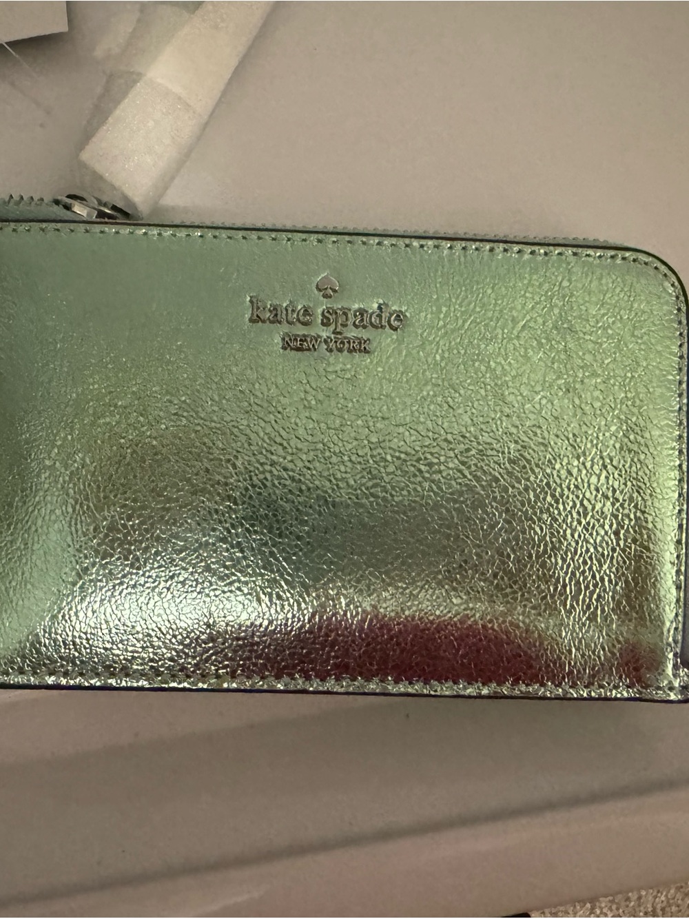 kate spade metallic seawater green small zip wristlet
